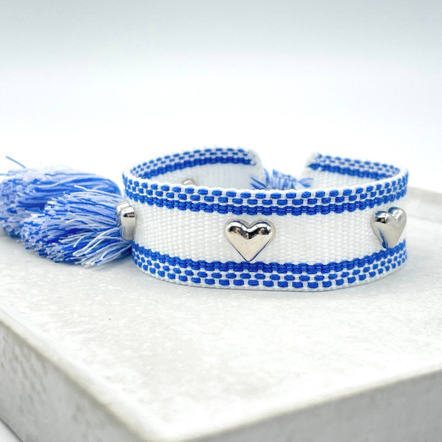 Silver Hearts ♥ ︎ Woven Blue Bracelet