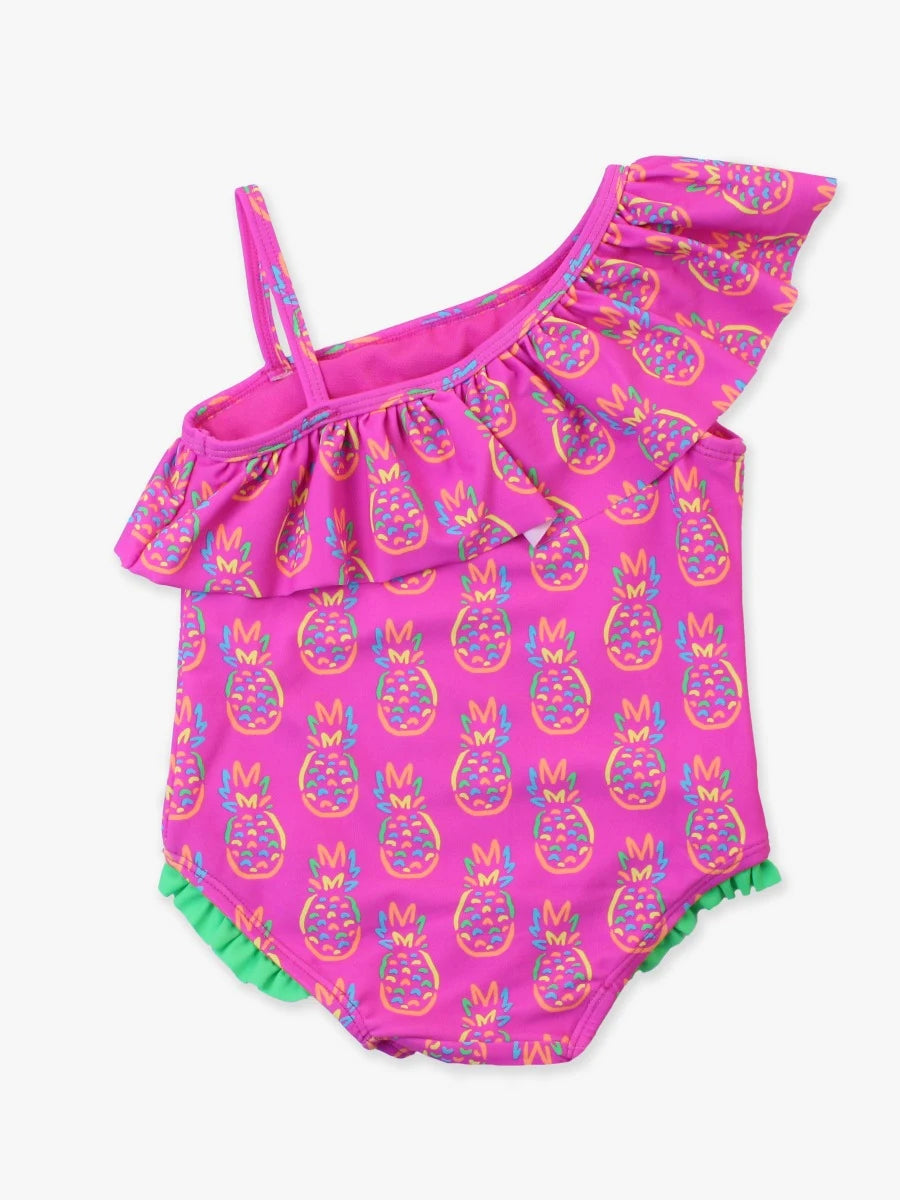 One Shoulder Ruffle One Piece - Neon Pineapples