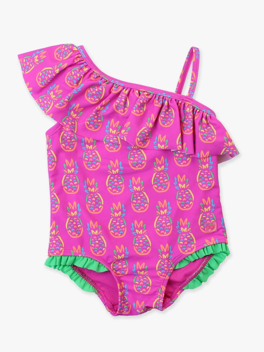 One Shoulder Ruffle One Piece - Neon Pineapples