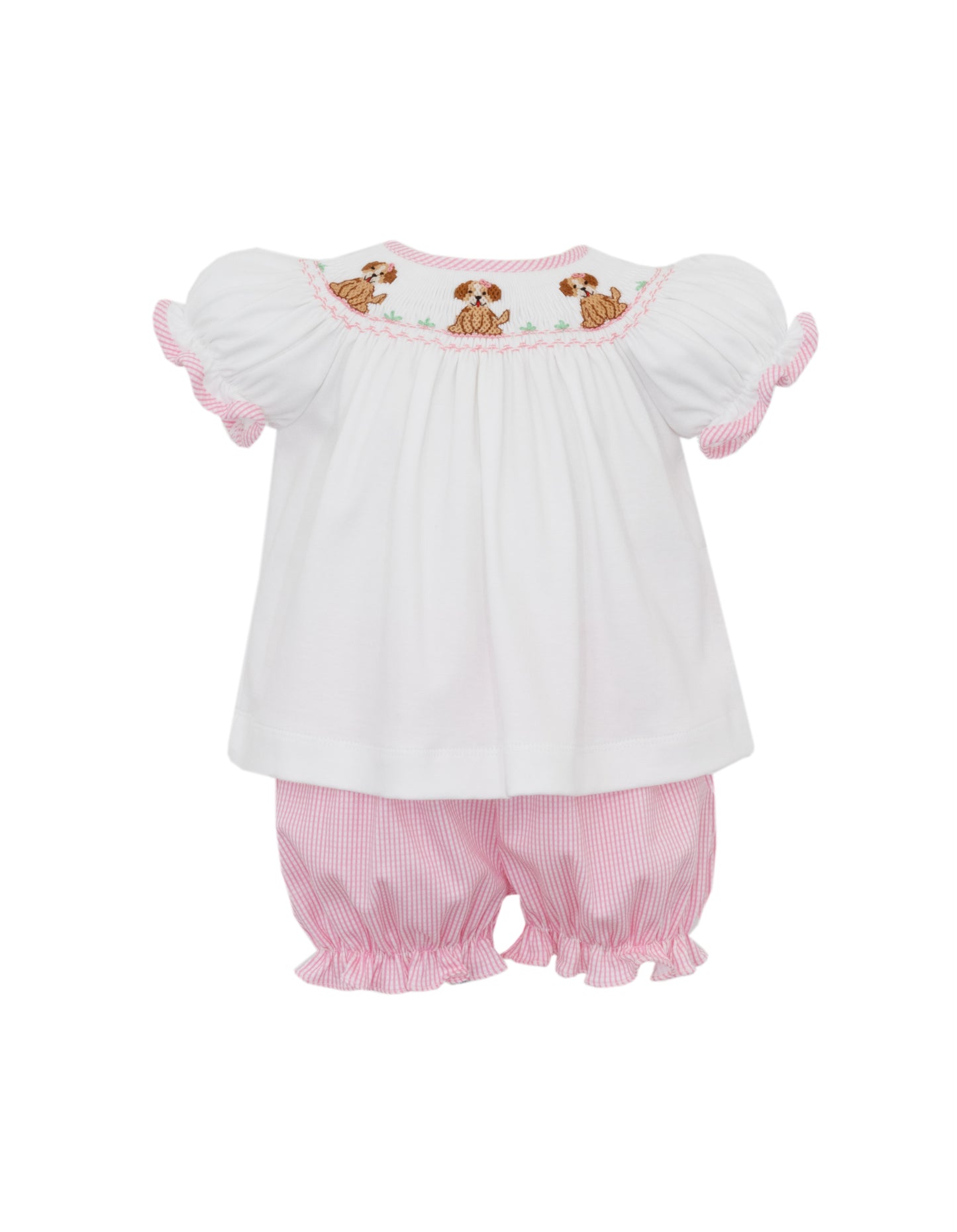 Petit Bebe Pink Knit Puppies Bishop Bloomer Set