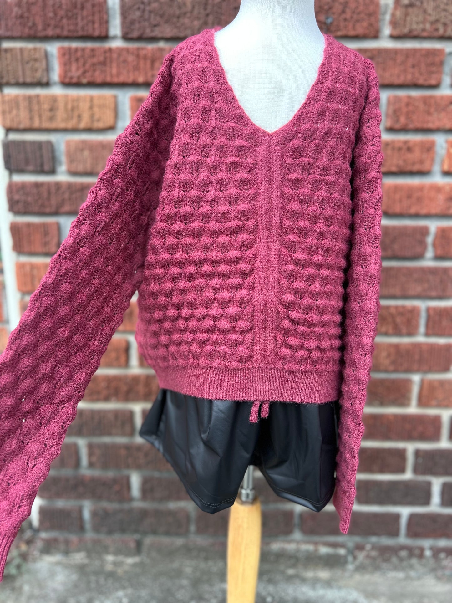 Knitted V-Neck Sweater - Dark Red