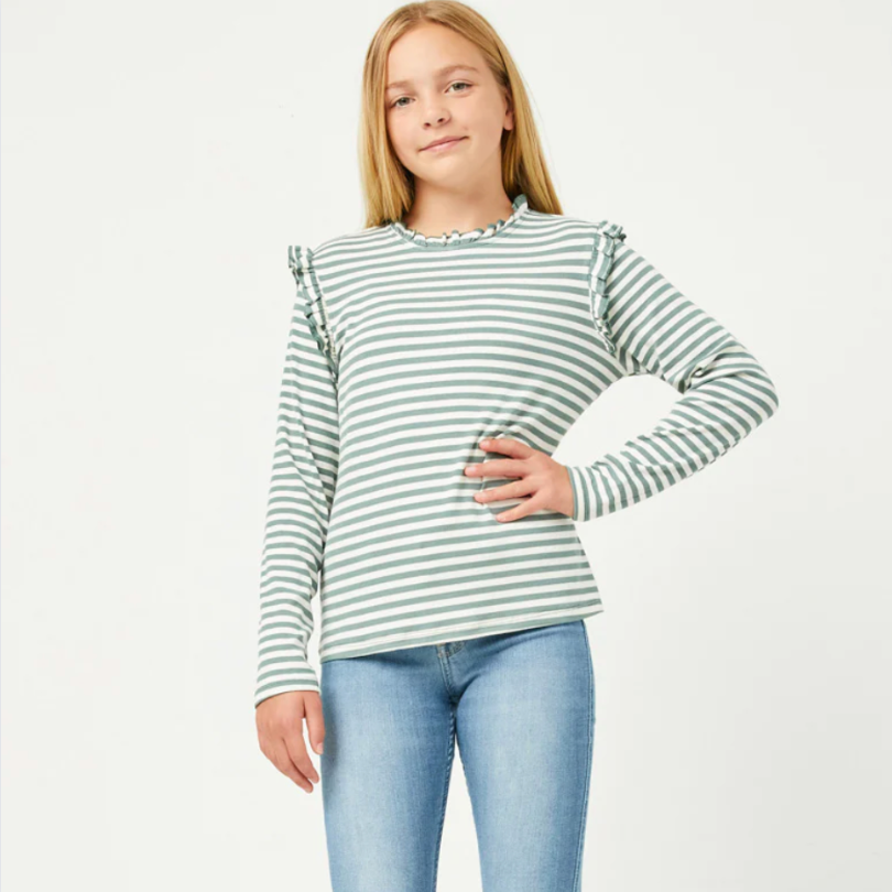 Ruffle Stripe Knit Top - Olive