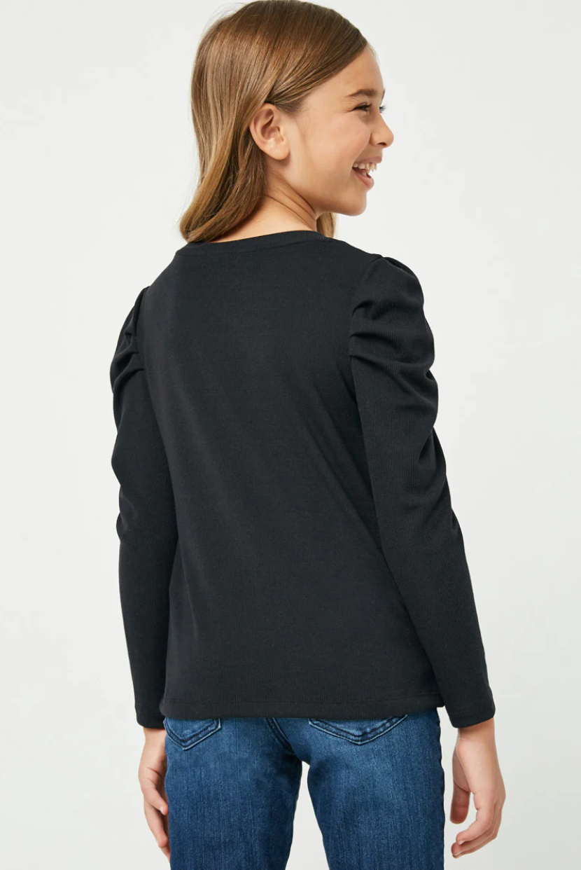Pleated Puff Shoulder Knit Top - Black