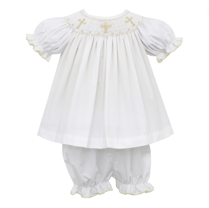 Ecru Cross Smocked Bloomer Set