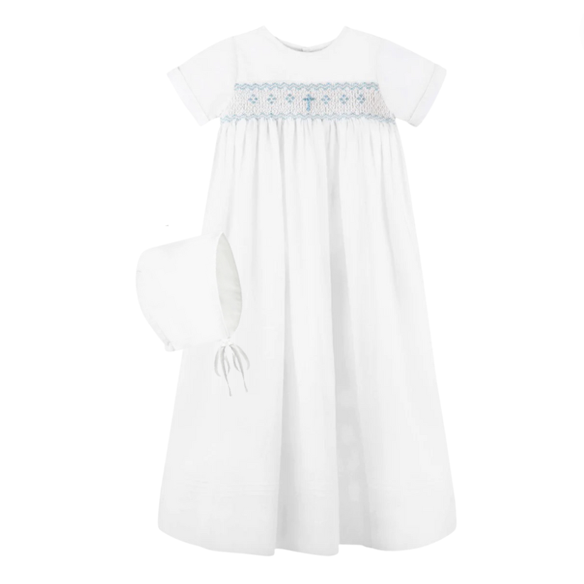 Long Bullion Blue Cross Christening Gown & Bonnet