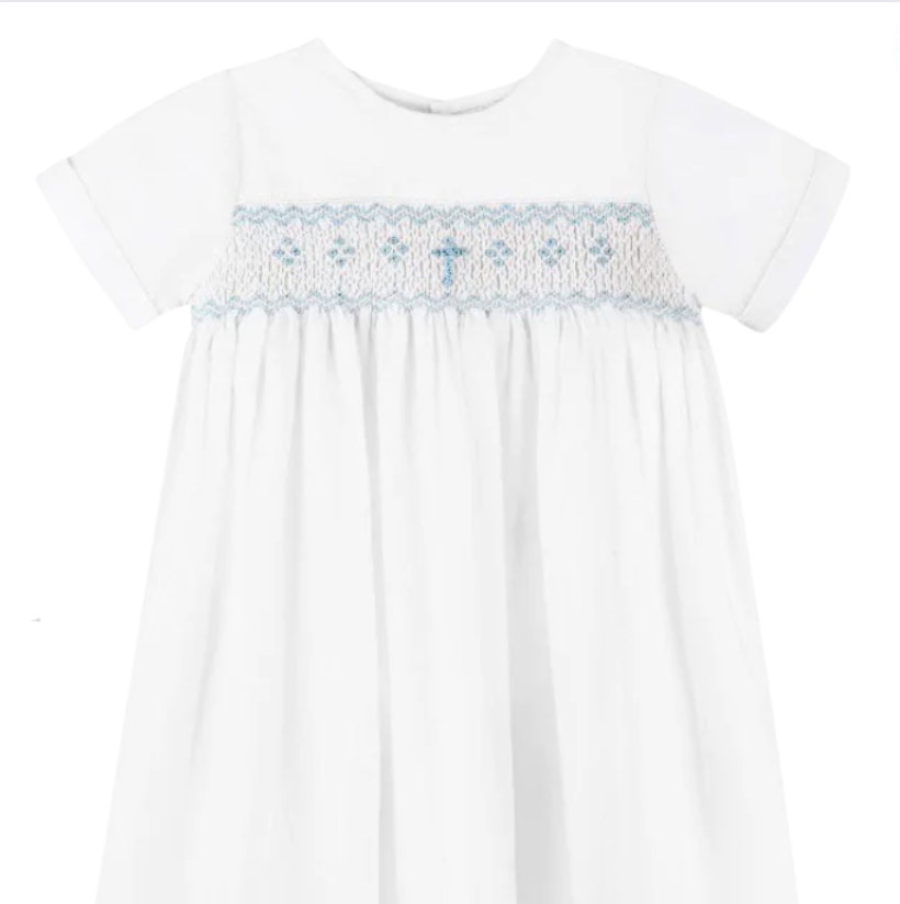 Long Bullion Blue Cross Christening Gown & Bonnet
