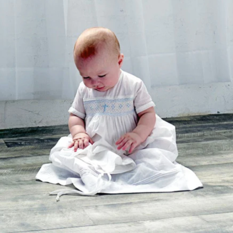 Long Bullion Blue Cross Christening Gown & Bonnet