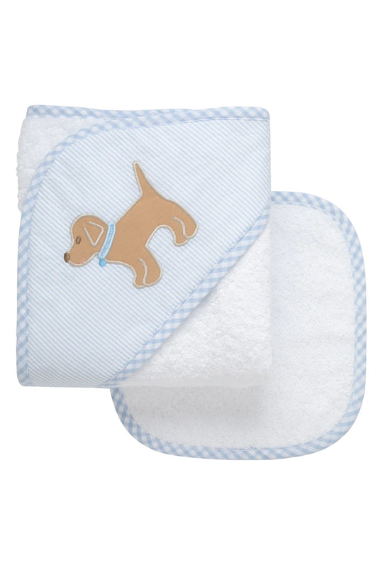 Puupy Applique Hooded Towel & Washcloth Set-Blue