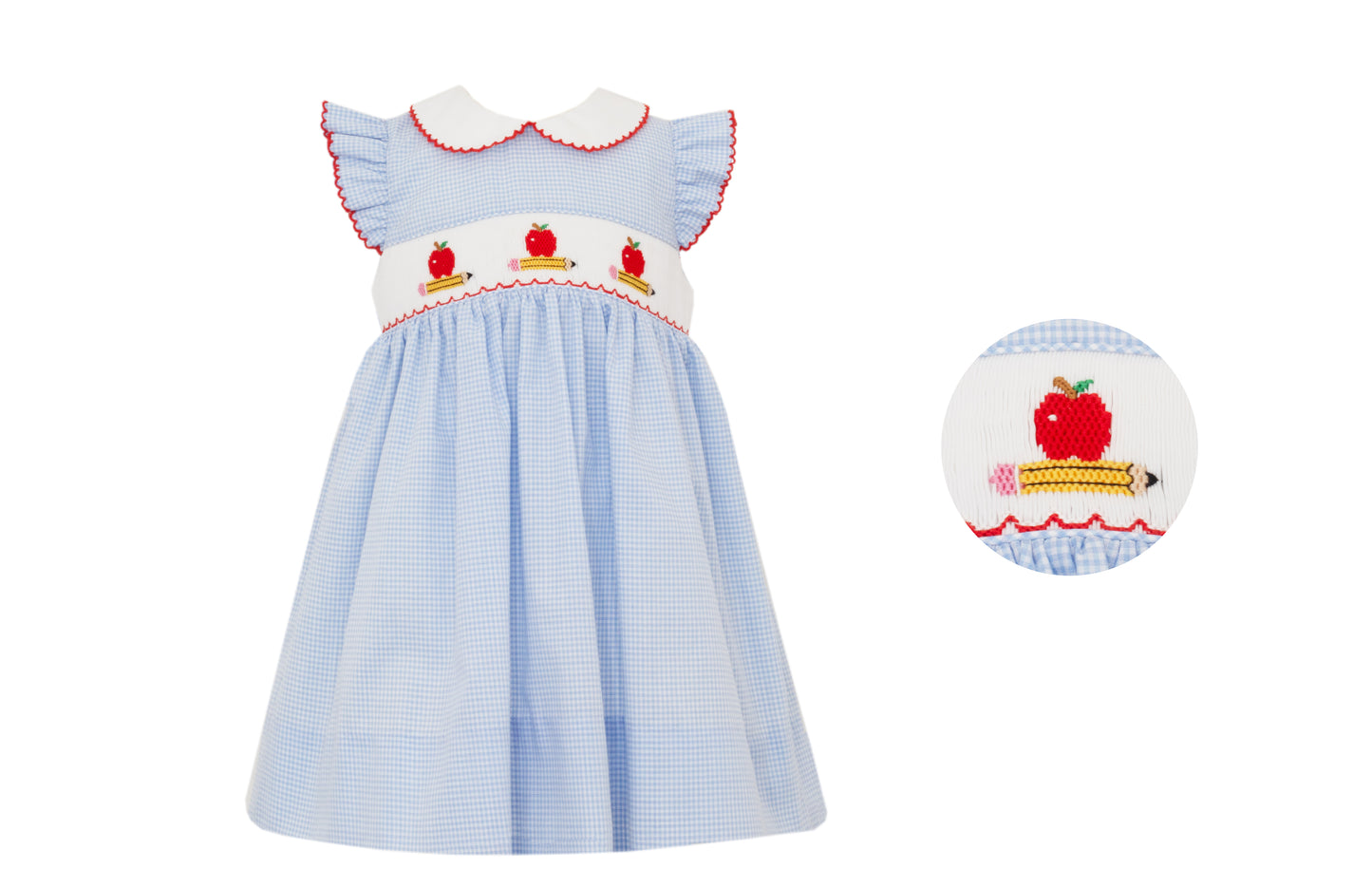Petit Bebe Apple & Pencils Lt Blue Gingham Sleeveless Dress w/ Collar