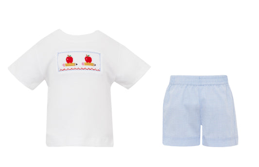 Petit Bebe Apples & Pencils Lt Blue Gingham Boy's Short Set