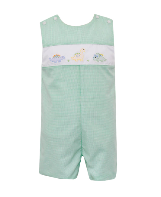 Dino Embroidered Jon Jon - Green Gingham