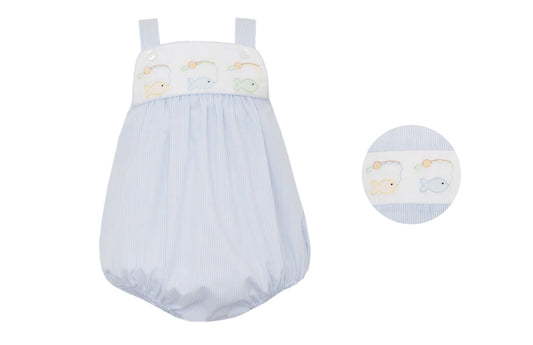 Light Blue Striped-Strap Boy's Sunbubble-Fish Embroidery