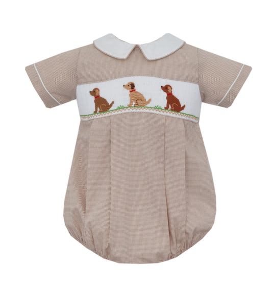 Boy's Khaki Gingham Puppy Bubble