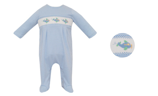 Boy's Blue Knit Airplane Long Footie