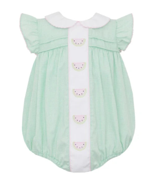 Watermelon Light Green Gingham Girls Bubble w/ Ruffle Sleeves