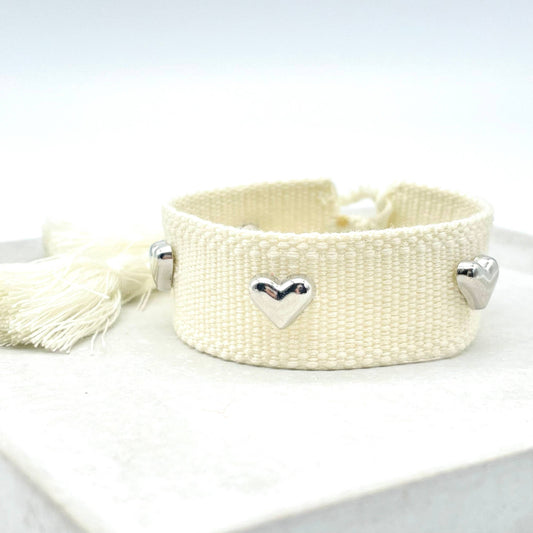 Silver Hearts ♥ ︎ Woven Ecru Bracelet