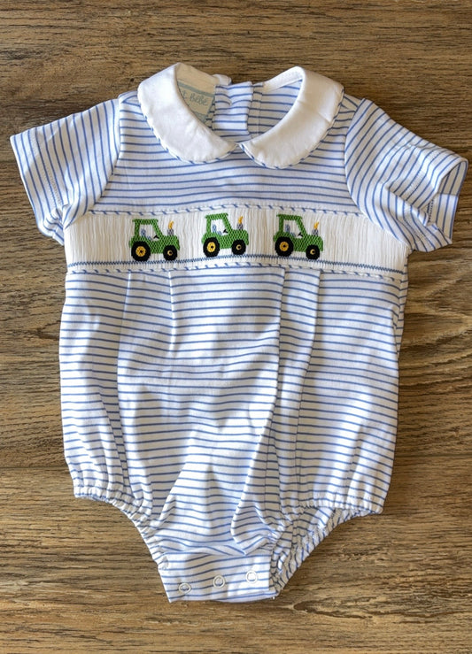 Tractor Blue Stripe Knit Boy's Bubble