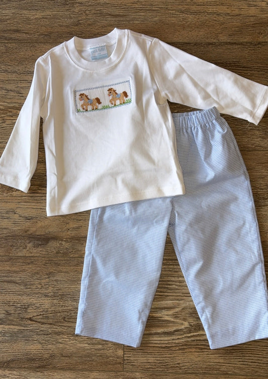 Horse Blue Gingham Boy's Pants Set