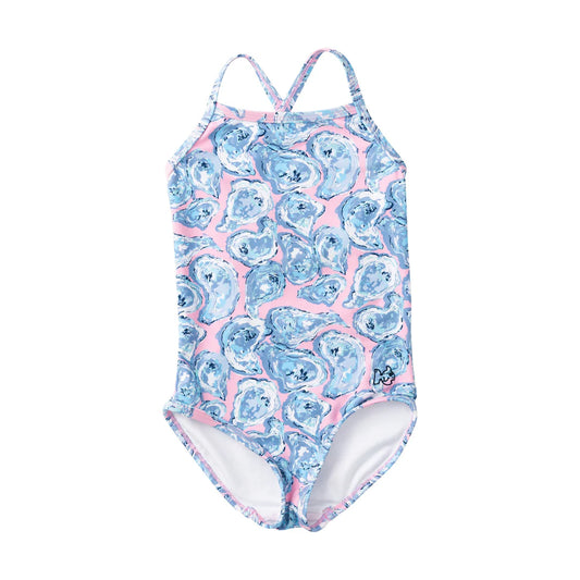 Girls' Spring Tides Bow Back One Piece Swimsuit — Pink Oyster Shell Print