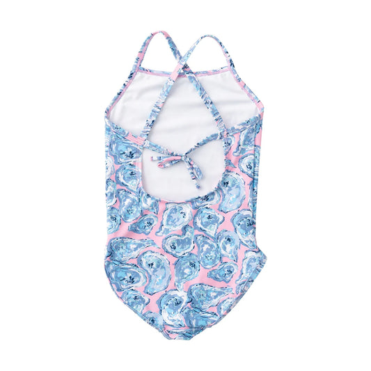Girls' Spring Tides Bow Back One Piece Swimsuit — Pink Oyster Shell Print