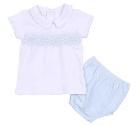 Archie Smocked Diaper Cover Set - White/Blue