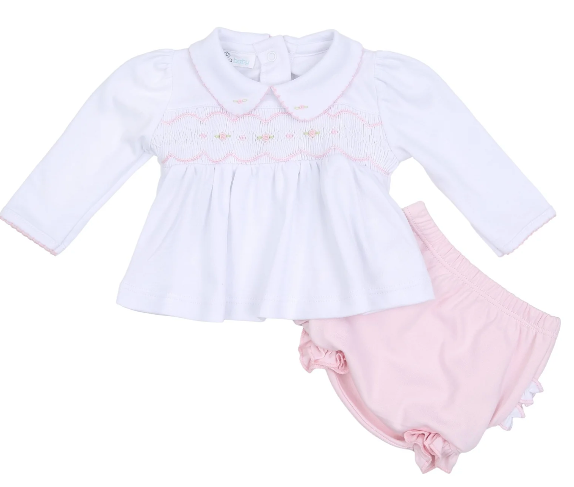 Ava Smocked Diaper Cover Set Short Sleeve- White/Pink