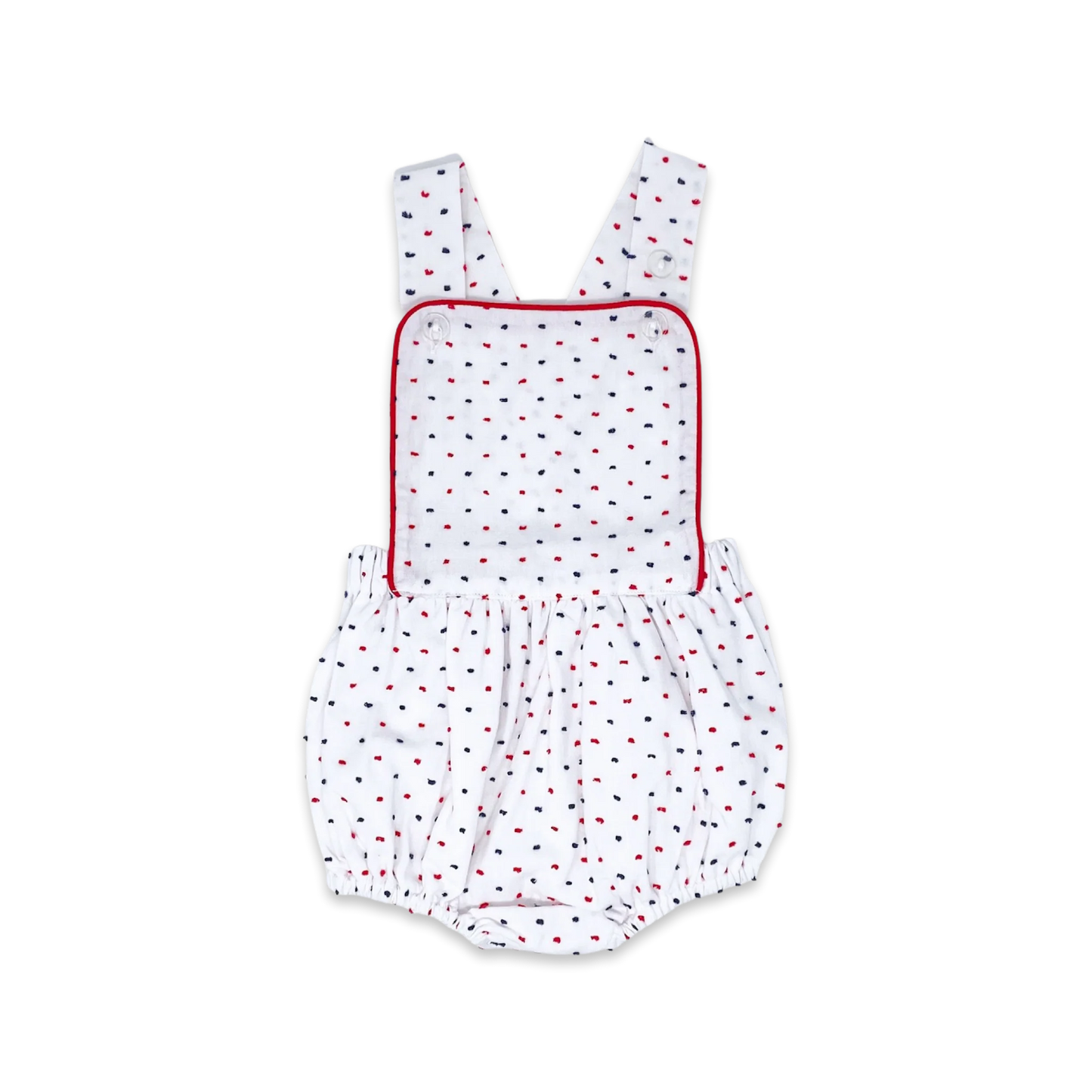 Arthur Apron - Navy & Red Swiss Dot