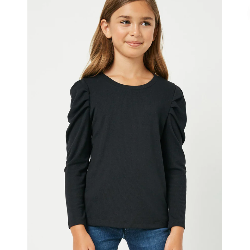 Pleated Puff Shoulder Knit Top - Black