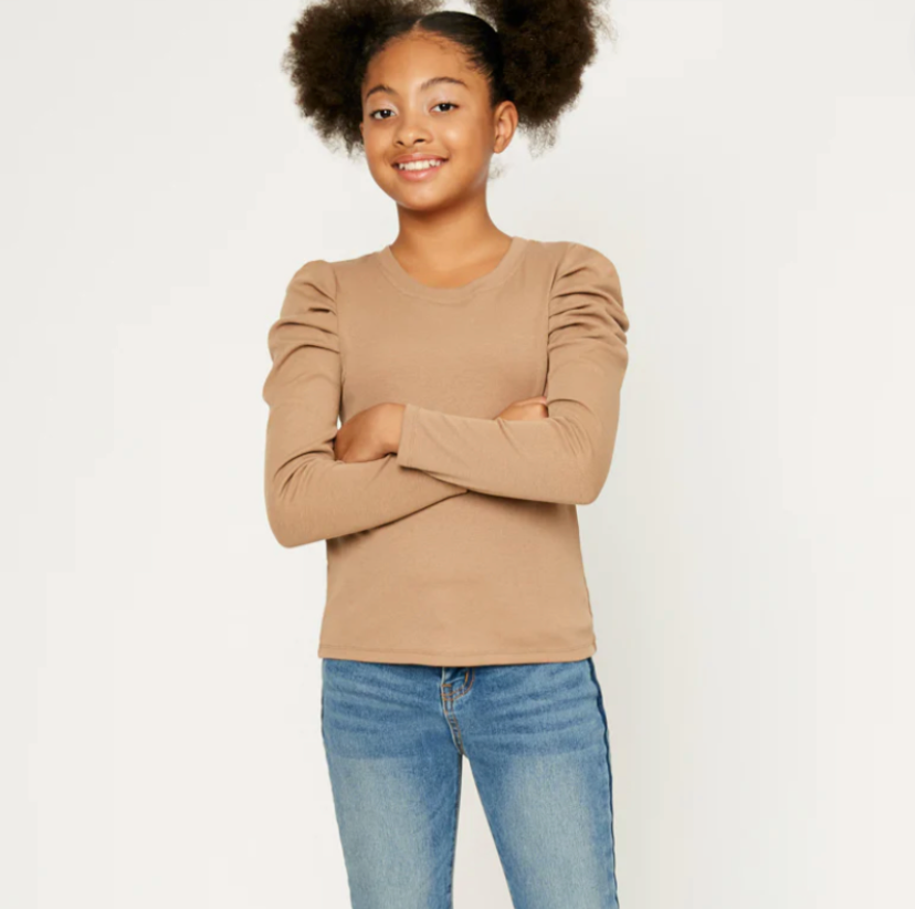 Pleated Puff Shoulder Knit Top - Taupe