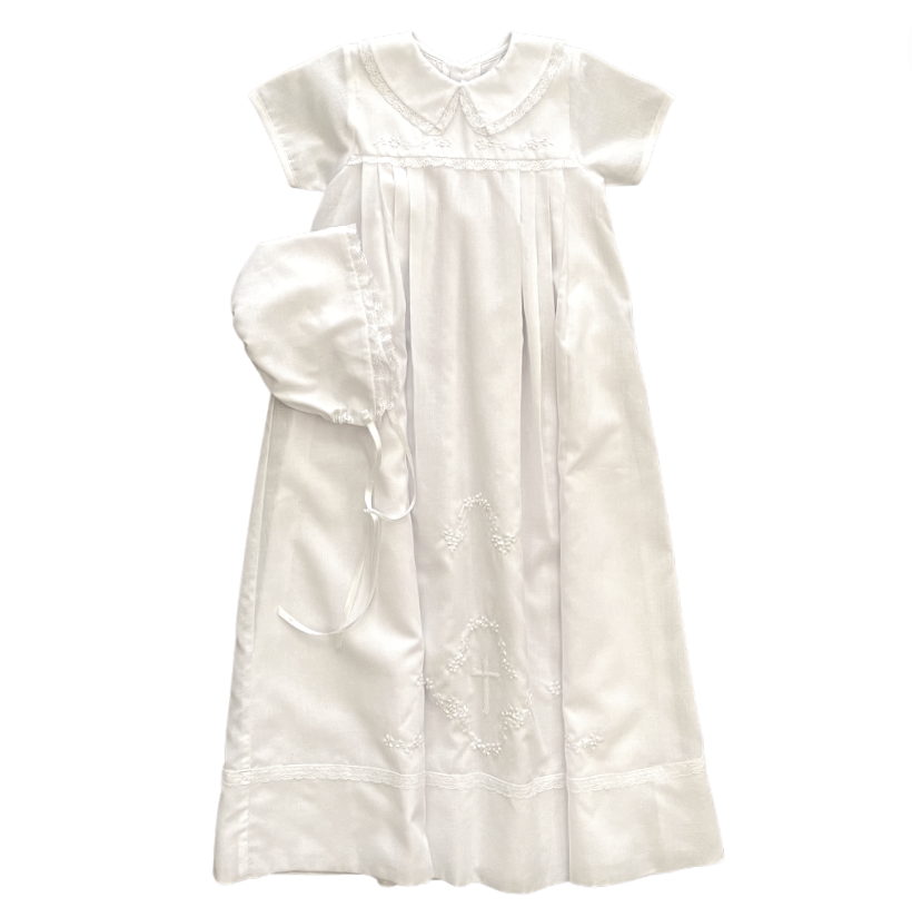 Collared Cross Embroidered Christening Gown & Bonnet