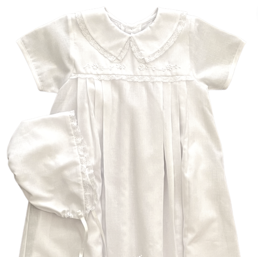 Collared Cross Embroidered Christening Gown & Bonnet