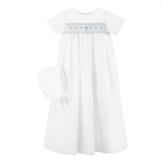 Long Bullion Blue Cross Christening Gown & Bonnet