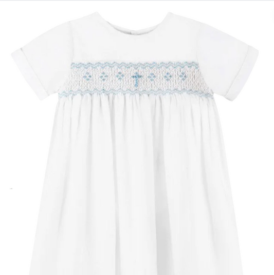 Long Bullion Blue Cross Christening Gown & Bonnet